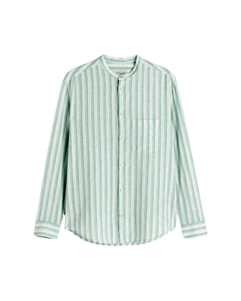 Men Green Striped Mandarin Collar Casual Shirt