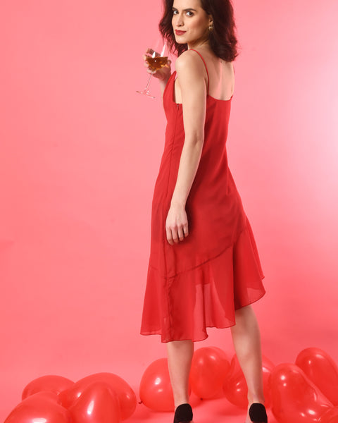 RED HIGH-LOW COWL NECK GEORGETTE DRESS