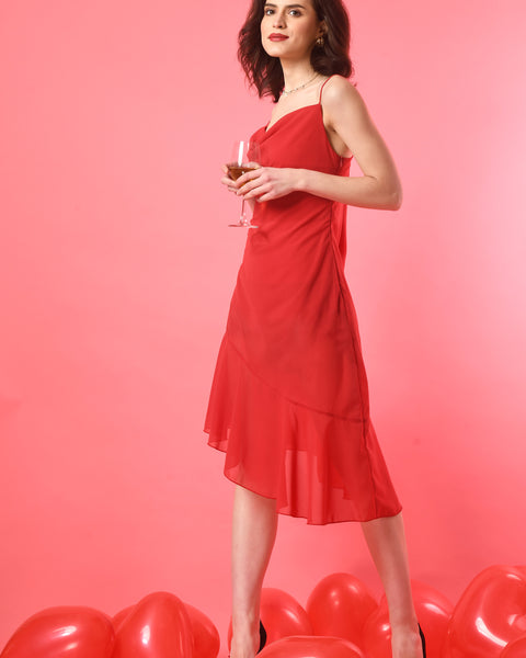 RED HIGH-LOW COWL NECK GEORGETTE DRESS