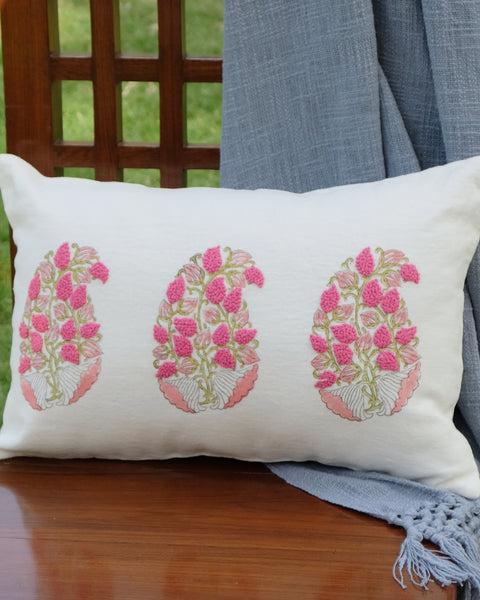Cream & Pink Paisley Hand Block and Hand Embroidered Pure Linen Cushion Cover (12" x 18")