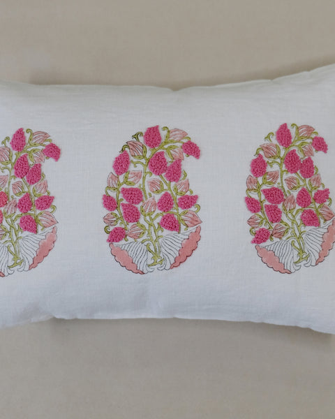 Cream & Pink Paisley Hand Block and Hand Embroidered Pure Linen Cushion Cover (12" x 18")