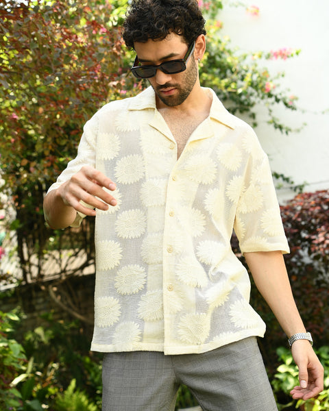 LO/OC by Saienz Semi-Sheer Lace Embroidered Floral Shirt