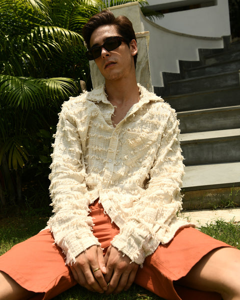 LO/OC by Saienz Off White Color 3D Jacquard Frilled Shirt