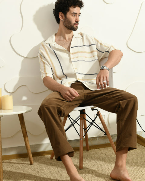 LO/OC by Saienz Beige Color Linen Striper Jacquard Shirt