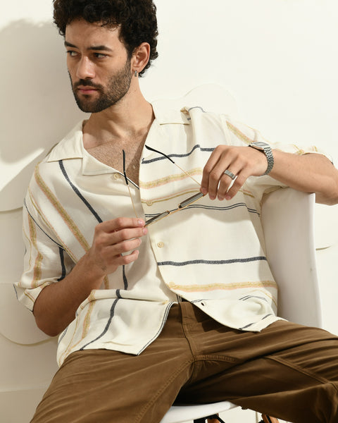 LO/OC by Saienz Beige Color Linen Striper Jacquard Shirt