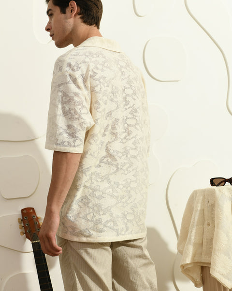 LO/OC by Saienz Off-White Mesh Textured Fish Embroidery Shirt