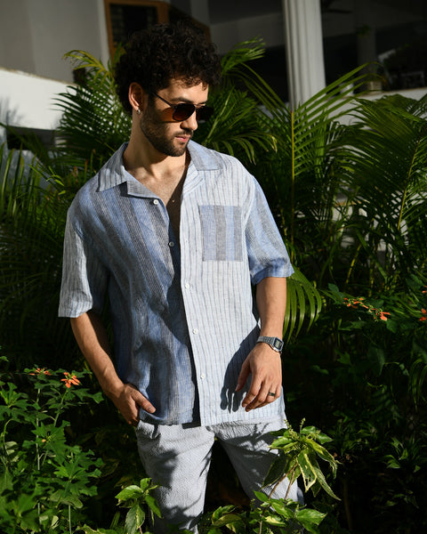 LO/OC by Saienz Y/D Linen Multi Stripe Two-Tone Shirt