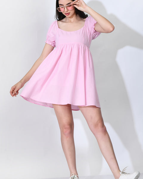 A Line Pink Color Puff Sleeve Short Dress