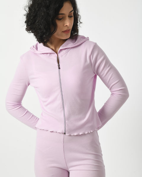 Lilac Rib-Knit Hoodie and Flared Pant Set