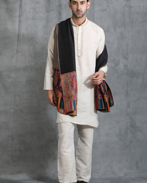 Handwoven Cashmere Reversible Palla Zari Fine Wool Stole For Unisex