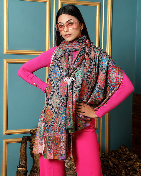 Handwoven Pashmina Wool Kalamkari Design Shawl For Unisex