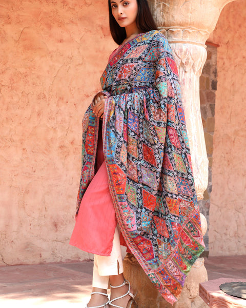 Handwoven Pashmina Wool Kalamkari Design Shawl For Unisex