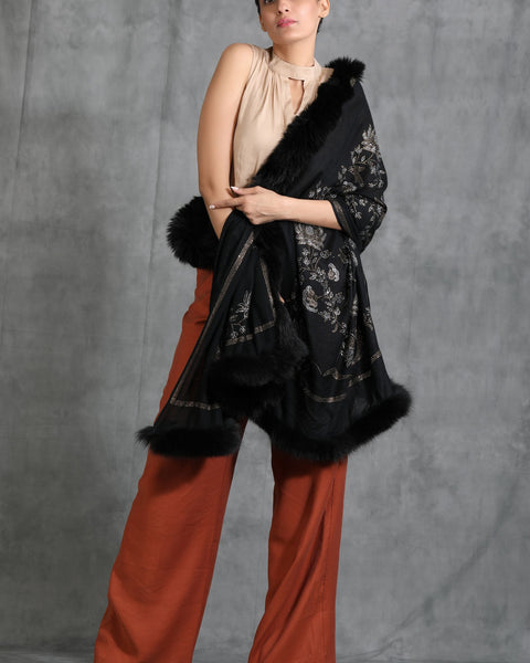 Black Female Handwoven Cashmere Fine Wool Lotus Design Swaroski Work Stole
