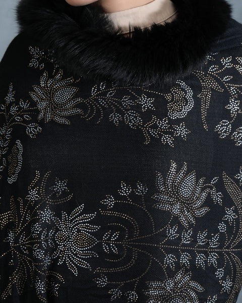 Black Female Handwoven Cashmere Fine Wool Lotus Design Swaroski Work Stole