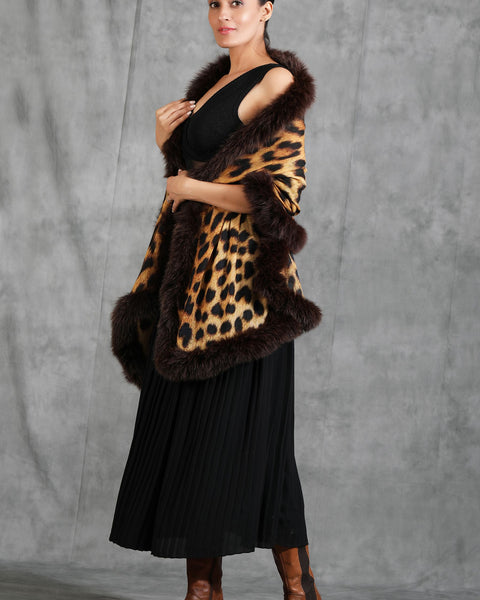 Brown With Yellow Handwoven Cashmere Fine Wool Digital Animal Print With High Quality Fur