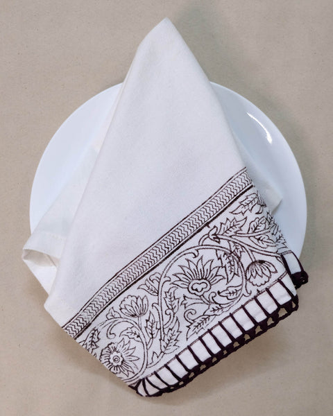 Set of 6 pcs Off White & Brown Cotton Block Printed with Crochet Hand Embroidery Table Napkin (14.5" x 14.5")