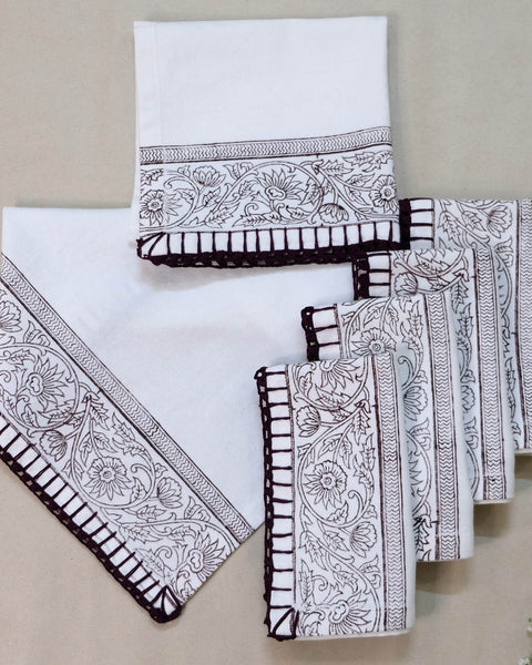 Set of 6 pcs Off White & Brown Cotton Block Printed with Crochet Hand Embroidery Table Napkin (14.5" x 14.5")