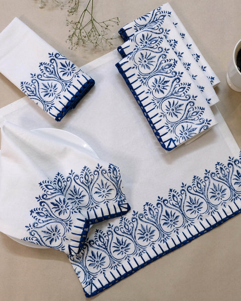 Set of 6 pcs Off White & Indigo Cotton Block Printed with Crochet Hand Embroidery Table Napkin (14.5" x 14.5")