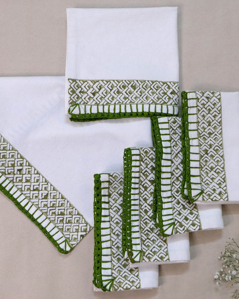 Set of 6 pcs Off White & Olive Cotton Block Printed with Crochet Hand Embroidery Table Napkin (14.5" x 14.5")