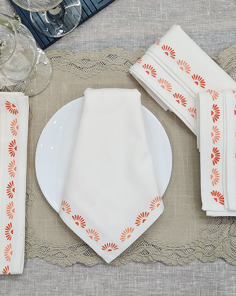Set of 4 pcs Off White & Coral Floral Printed Cotton Table Napkin