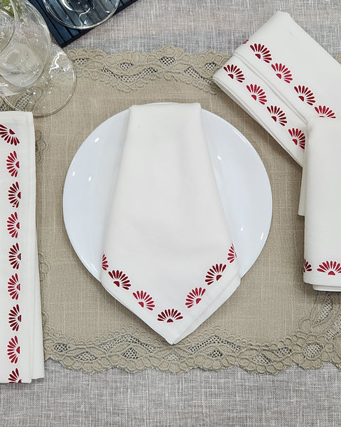 Set of 4 pcs Off White & Maroon Floral Printed Cotton Table Napkin