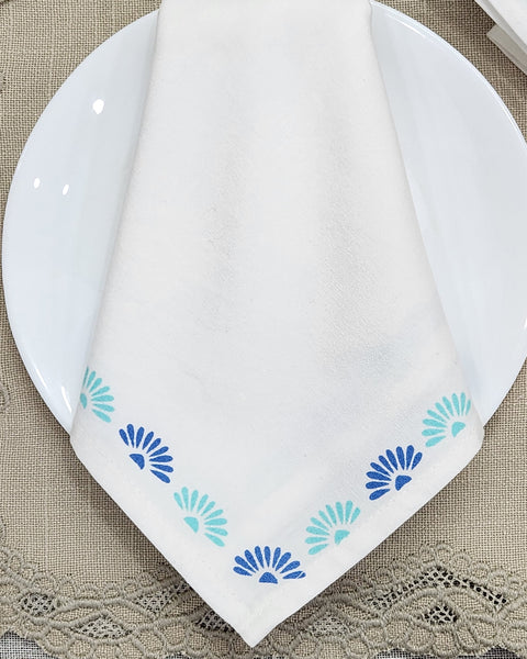 Set of 4 pcs Off White & Blue Floral Printed Cotton Table Napkin