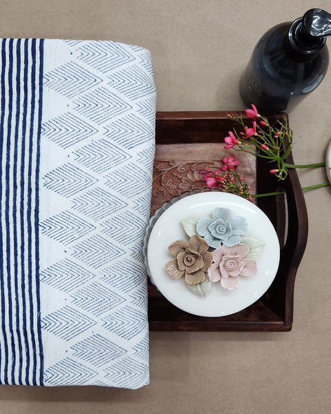 White & Indigo Geometric Hand Block Printed Cotton Dobby Bath Towel (34"x58")