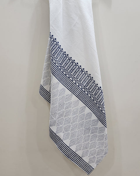White & Indigo Geometric Hand Block Printed Cotton Dobby Bath Towel (34"x58")