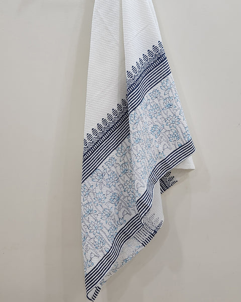White & Navy Floral Hand Block Printed Cotton Dobby Bath Towel (34" x 58")