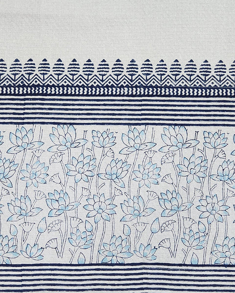White & Navy Floral Hand Block Printed Cotton Dobby Bath Towel (34" x 58")