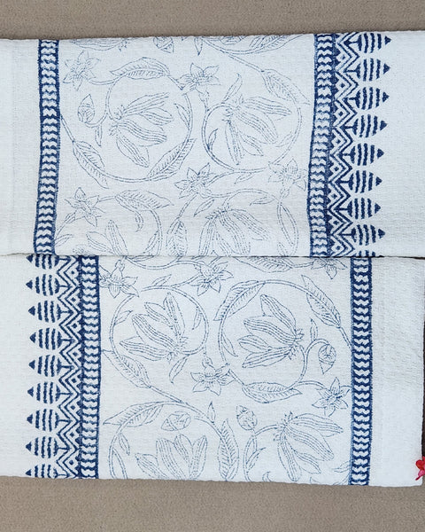 Set of 2 pcs White & Indigo Floral Hand Block Printed Cotton Dobby Hand Towel (16"x26")