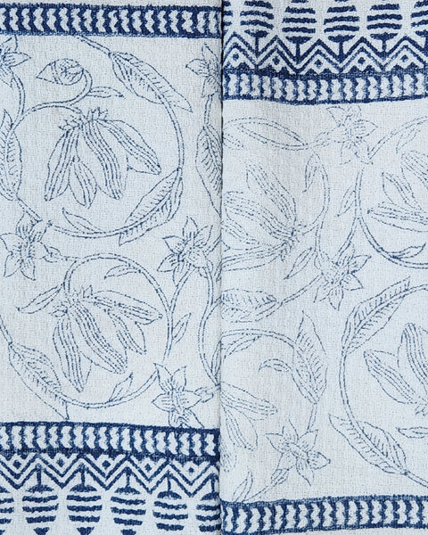 Set of 2 pcs White & Indigo Floral Hand Block Printed Cotton Dobby Hand Towel (16"x26")