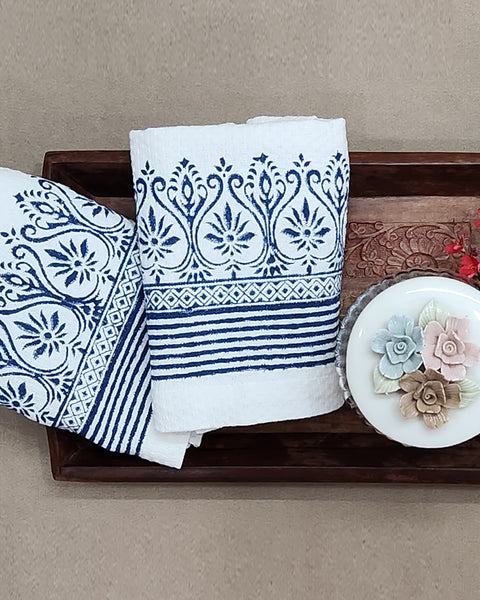 Set of 2 pcs White & Indigo Stripe Floral Hand Block Printed Cotton Dobby Hand Towel (16"x26")