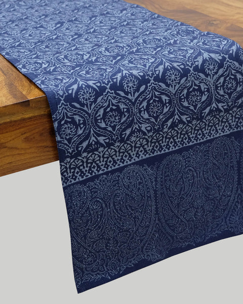 6 Seater Navy Grey Paisley with Moroccan Design - Hand Block Printed Runner (13 x 70 inches)
