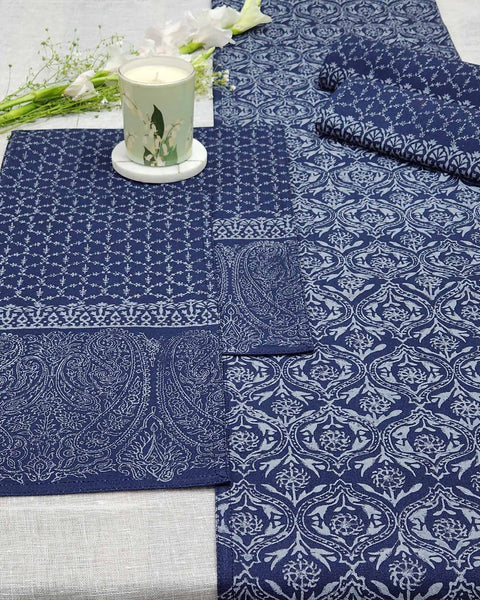 6 Seater Navy Grey Paisley with Moroccan Design - Hand Block Printed Runner (13 x 70 inches)
