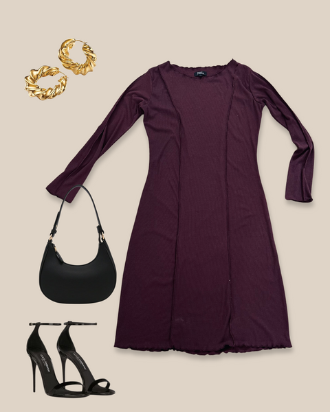 Wine Overlock-Detail Rib Knit Dress (Ribbed)