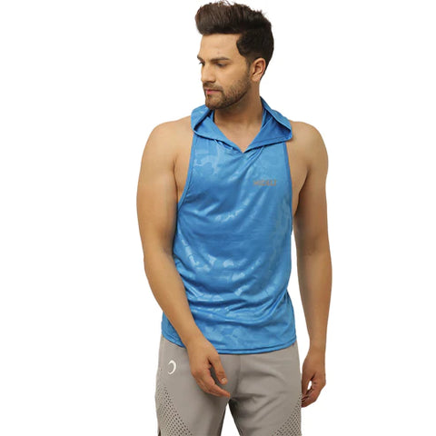 Men's Camouflage Printed Blue Drop Tank with Hood