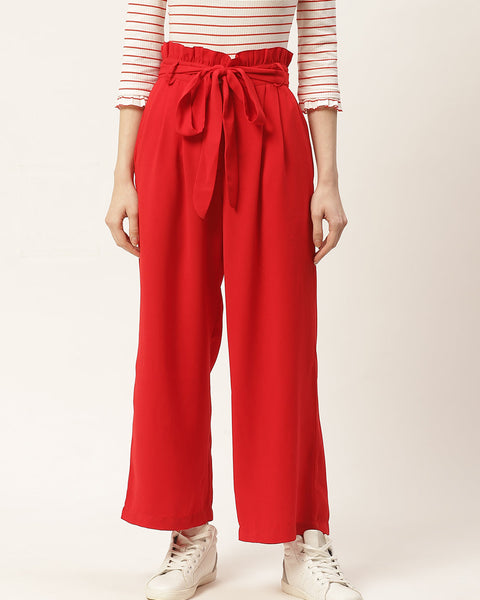 Rue Women Red Solid Parallel Trousers with Belt