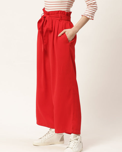 Rue Women Red Solid Parallel Trousers with Belt