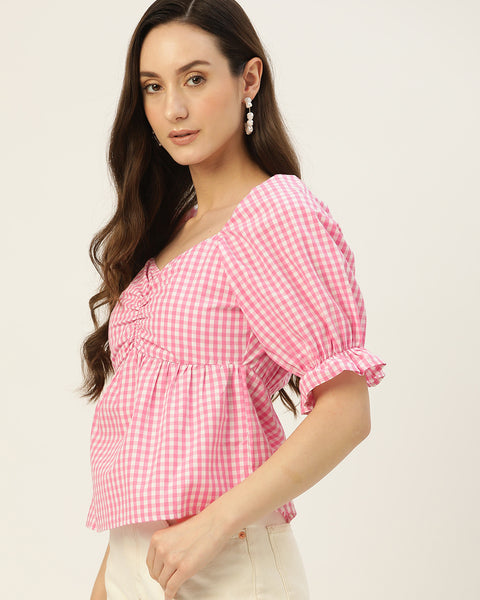 Rue Collection Pink & White Checked Sweetheart Neck Blouson Top