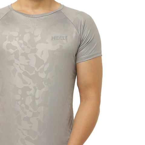 Men's Gym Slim Fit Half Sleeves Emboss Print T-Shirt - Color Grey