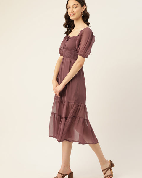 Rue Collection Mauve Smocked Tiered Fit & Flare Midi Dress