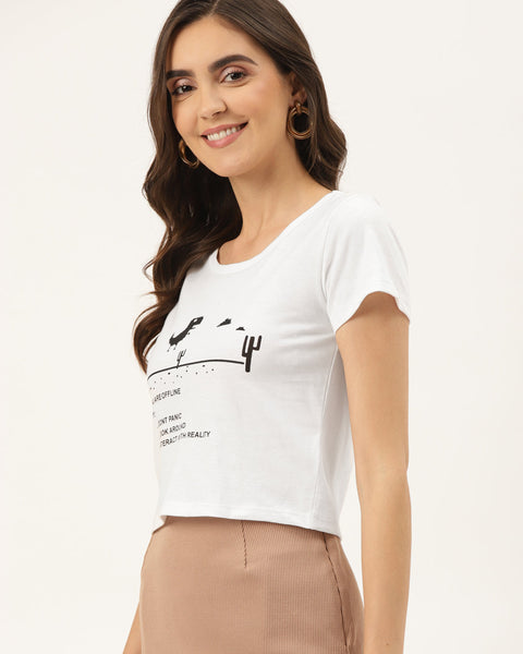 Women White Graphic Print Fitted Crop Top For Women