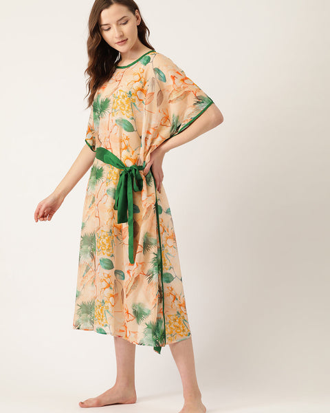 Women Peach Coloured & Green Floral Print Cover-Up Kaftan Dress