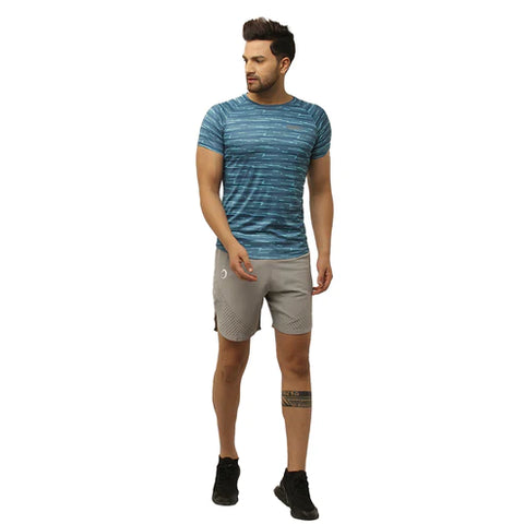 Men's Gym Slim Fit Half Sleeves Geometric Print T-Shirt - Color Blue