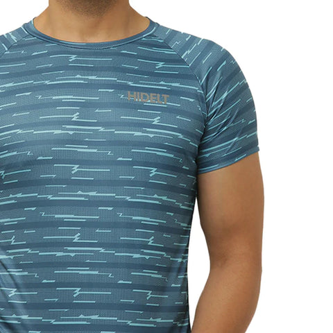 Men's Gym Slim Fit Half Sleeves Geometric Print T-Shirt - Color Blue