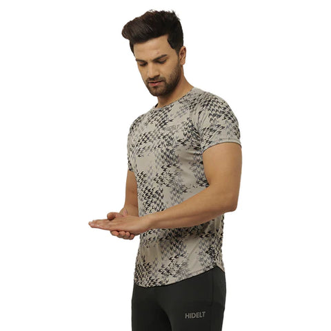 Men's Gym Slim Fit Half Sleeves Printed T-Shirt - Color Thundercloud Grey