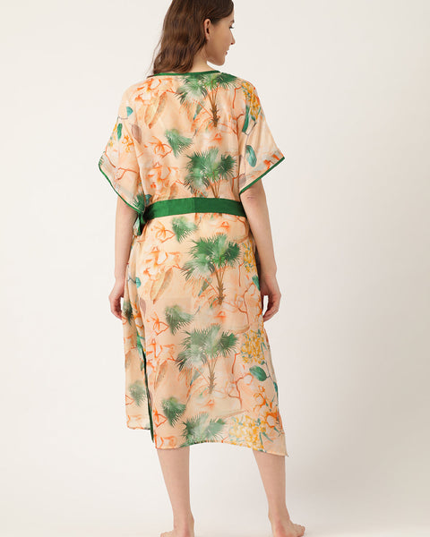 Women Peach Coloured & Green Floral Print Cover-Up Kaftan Dress