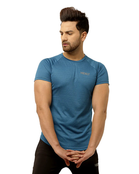 Men's Gym Slim Fit Half Sleeves Printed T-Shirt - Color Perennial Blue