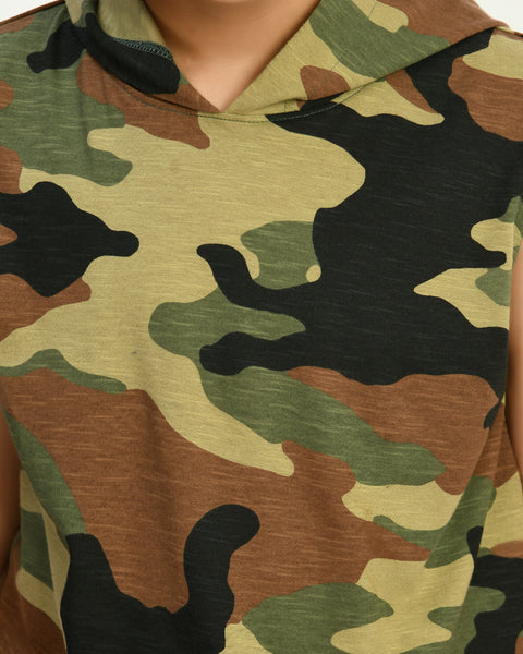 Camouflage Print Hooded Boys Vest Half-Sleeve T-shirt